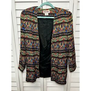 Maggy London Vintage 100% Silk Multicolor Open Front Blazer Jacket Size 6